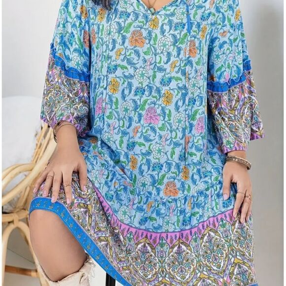 NEW! PLUS Size Beautiful Boho Style Pullover Ruffled Bottom Dress Bell Sleeves - Picture 5 of 5